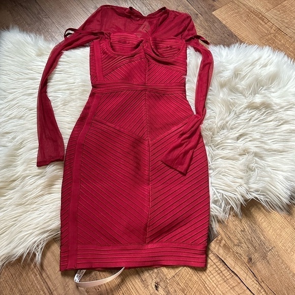 HOUSE OF CB Noelle Wine Bandage Mesh Dress - Picture 8 of 8